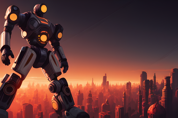 An illustration of a robot towering over a near-future cityscape.